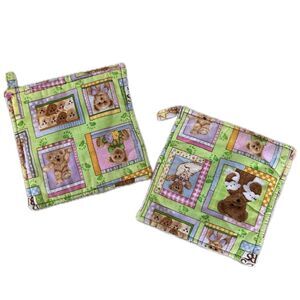 Handmade Handcrafted Novelty All Over Teddy Bear Lover Kitchen Pot Holders Pair